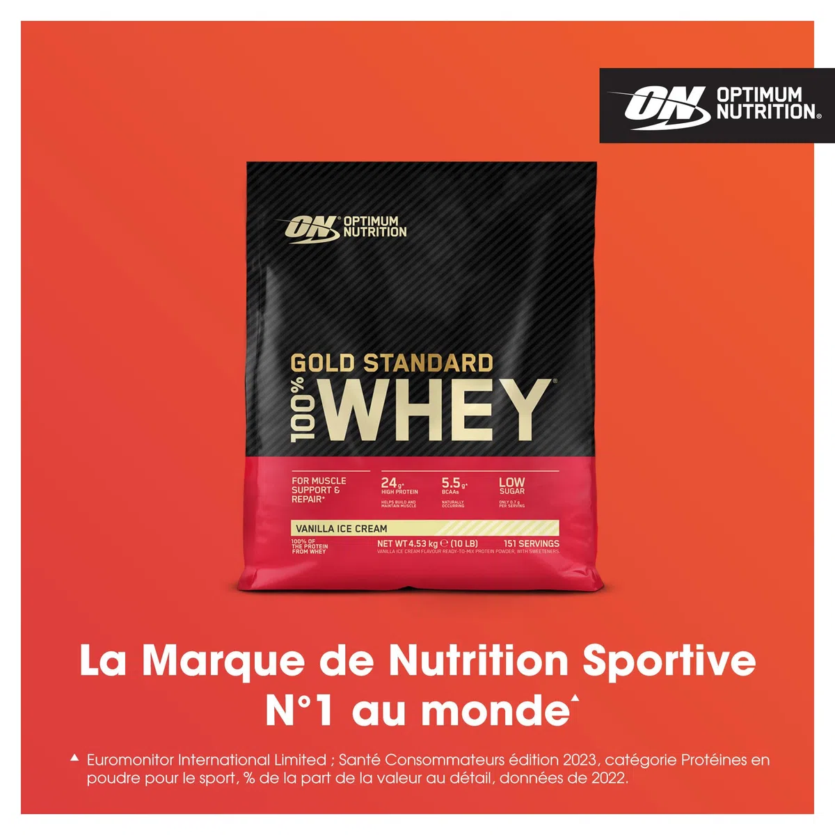 Optimum Nutrition Gold Standard 100% Whey, Protéine en Poudre, Goût Glace à la Vanille, 4.53kg, 151 Doses