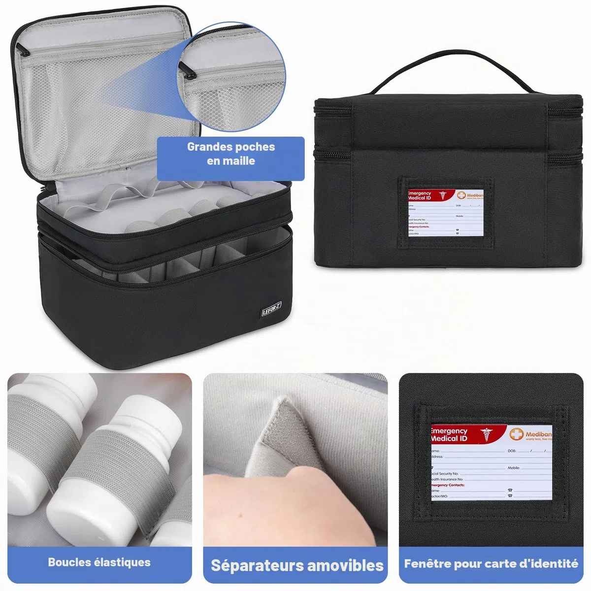 LEFOR·Z Boite a Medicaments Rangement,Double Couche,Sac de Rangement Vide avec Fermeture éclair Verrouillable et Séparateur Réglable,étui de Transport pour Médicaments,Pilules,Vitamines
