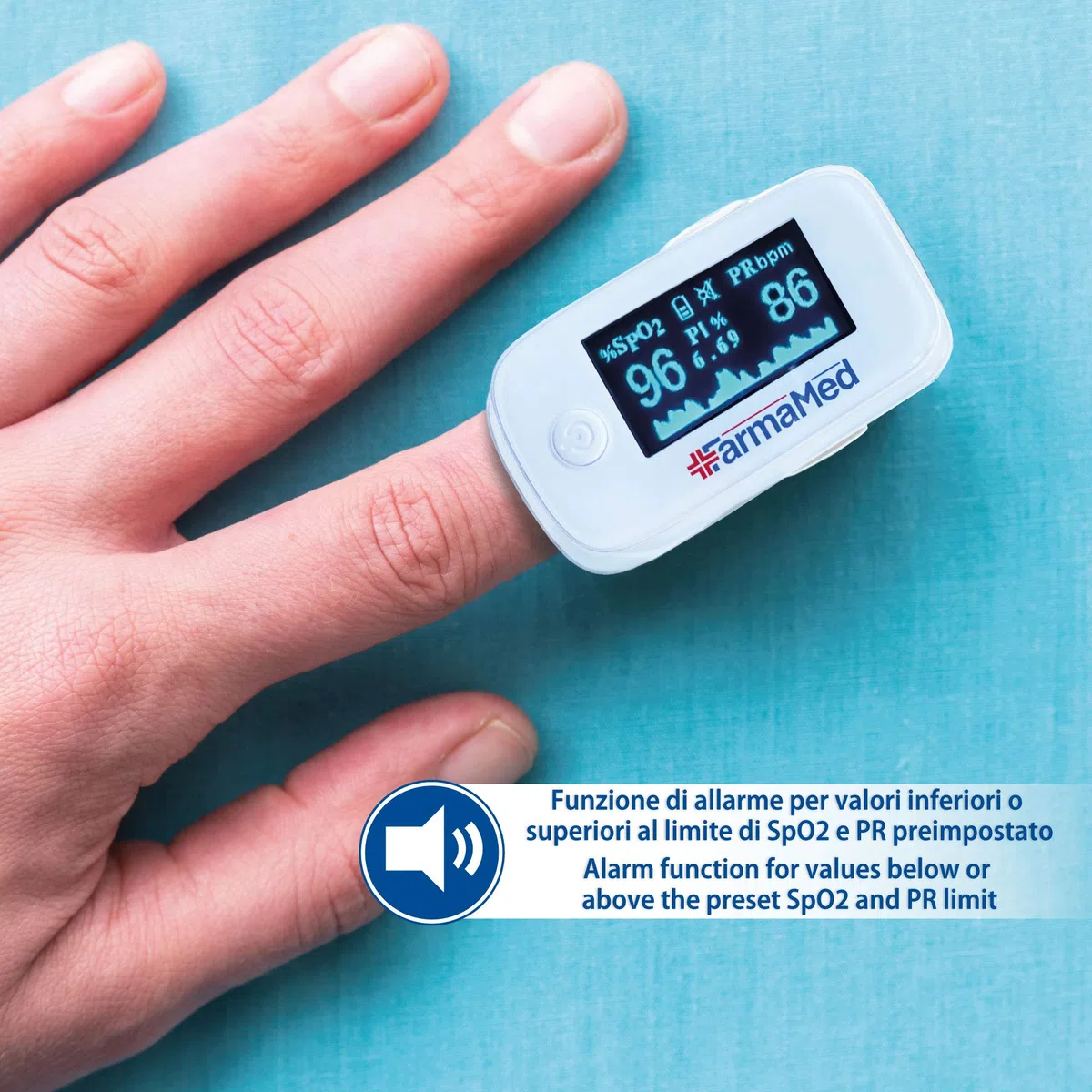 FARMAMED 3 in 1 Oxymètre de Pouls, Saturomètre, Oxymètre de Doigt, Saturation Artérielle Oxygène (SpO2), Fréquence Cardiaque (PR) et Indice perfusion (PI), Écran OLED XXL, Étui rigide, Blanc