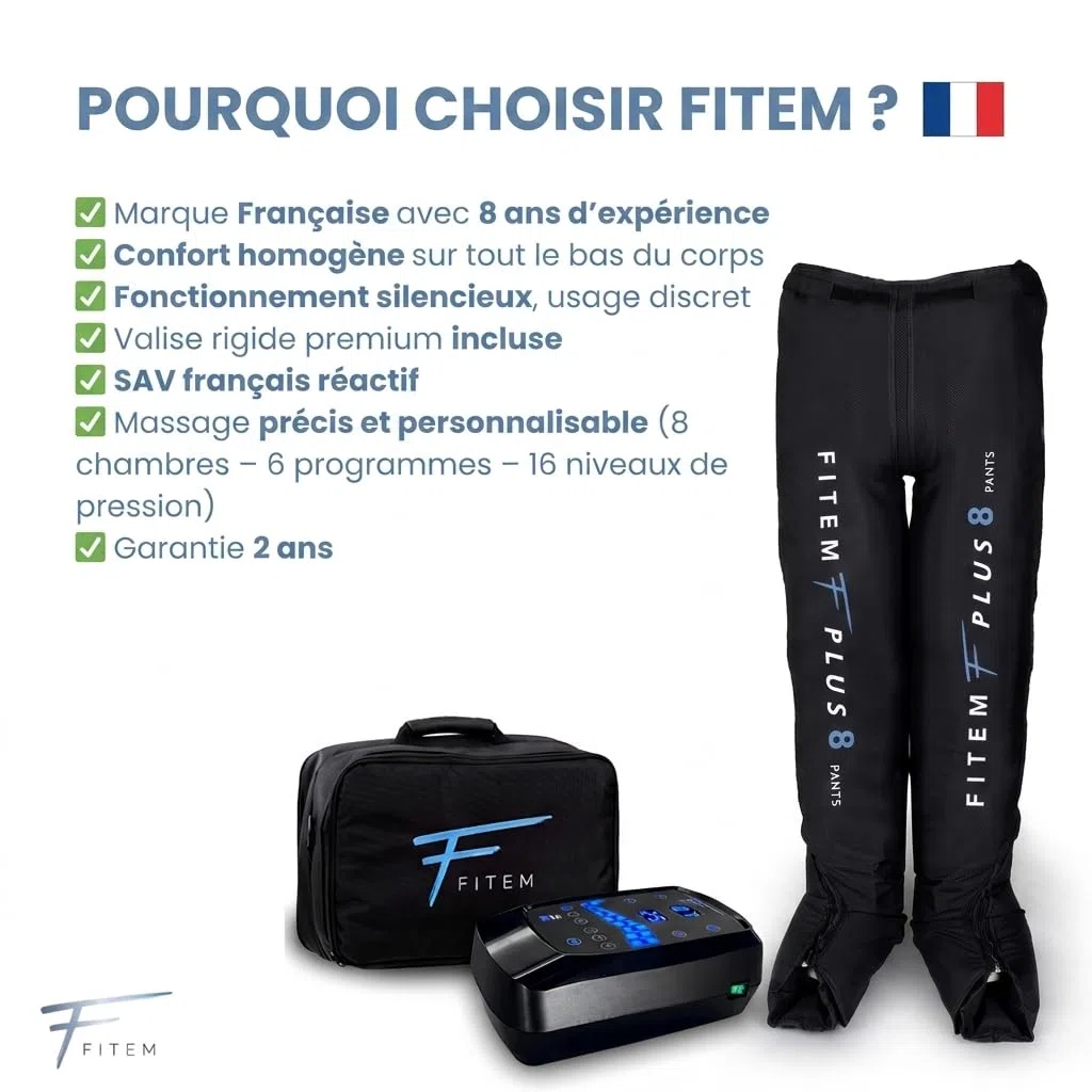 FITEM Pack Pantalon PLUS 8 Drainage Lymphatique Bas du Corps Complet | Jambe lourde, Circulation sanguine jambes, Massage précis 8 chambres, Confort morphologique, SAV français