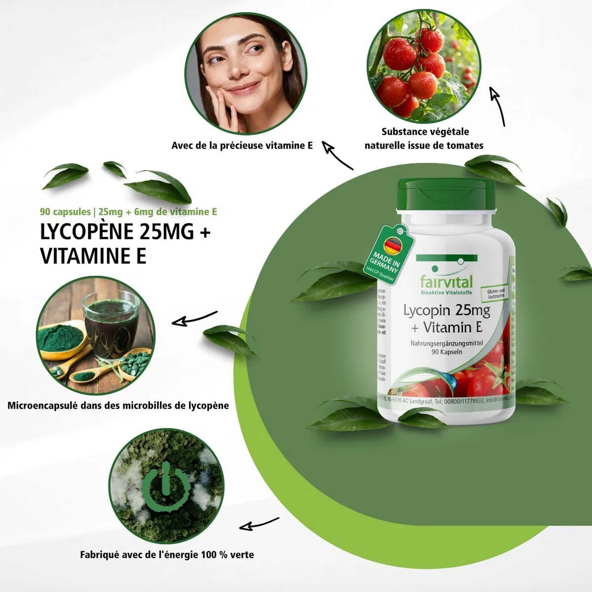 fairvital Capsules de lycopène avec vitamine E, 90 capsules, faciles à avaler, 25mg de lycopène, VÉGÉTALIENNES, micro-encapsulées