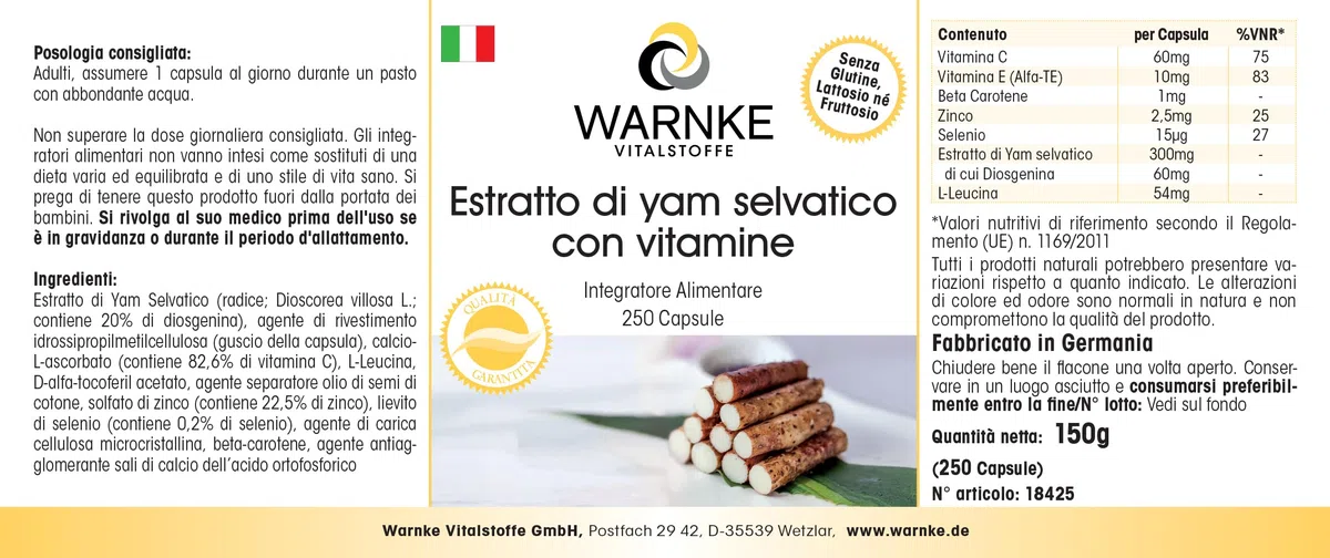 Igname Sauvage - Extrait - 250 gélules- Végétarien - 20% de diosgénine, vitamine C et E bêta-carotine, zinc et sélénium | Warnke Vitalstoffe - Qualité des pharmacies allemandes