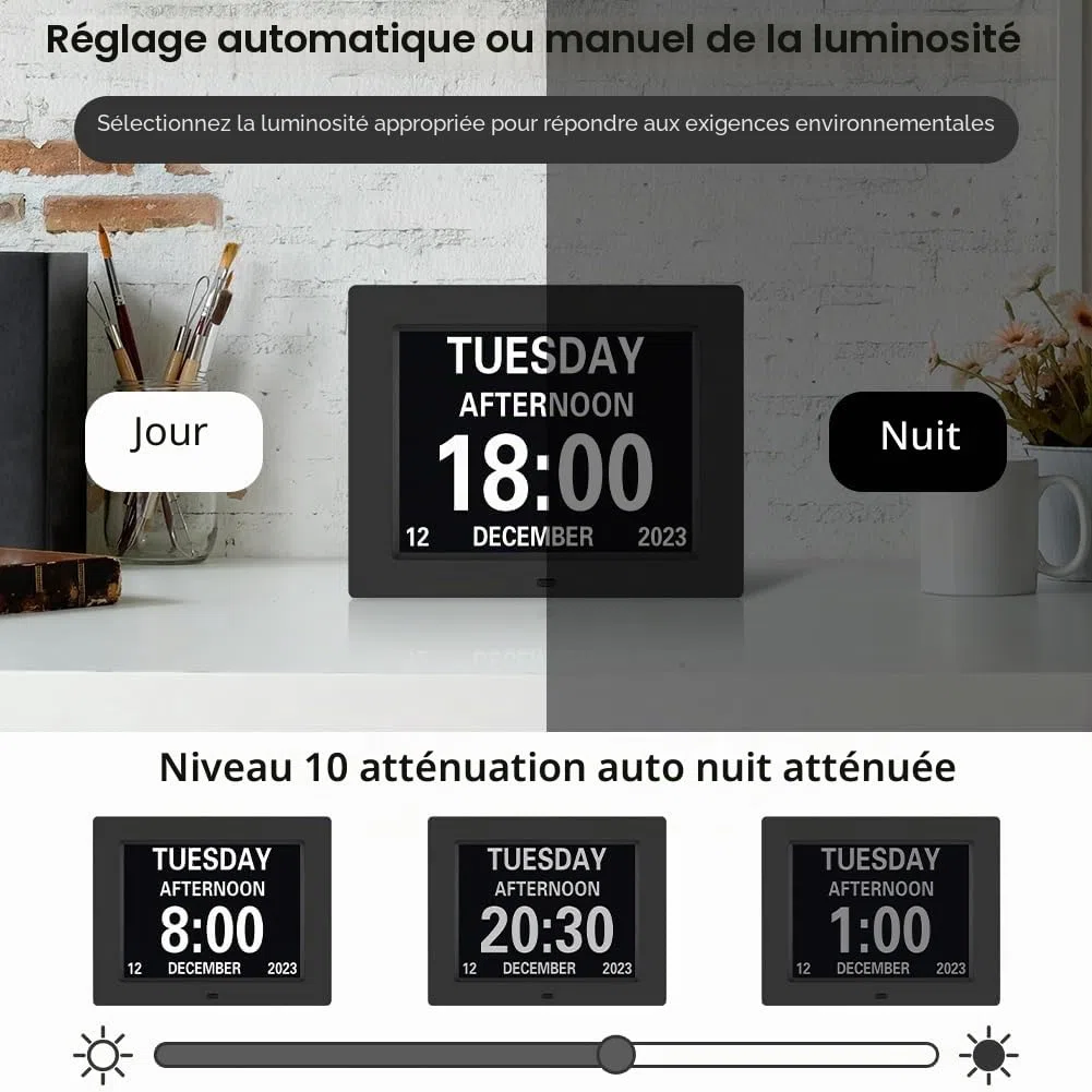 8 Pouces LCD Horloge Numérique Calendrier Multilingue Télécommandée Dimmable avec Date, Jour et Heure Cadre Photo Numérique pour Personnes avec Maladie d'Alzheimer