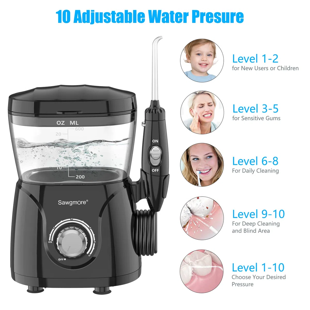 Sawgmore Jet Dentaire Hydropulseur, Hydropulseur Dentaire Professionnel avec 8 Busettes Multifonctionnelles, 10 réglages de pression d'eau, 600ML Irrigateur Dentaire Pour Les soins Familiaux Noir