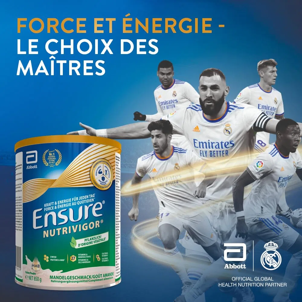 Ensure NutriVigor d'origine végétale - Complément alimentaire avec protéine, HMB et 27 vitamines et minéraux, y compris la vitamine C, le magnésium et le zinc - Saveur amande - 1 x 850g