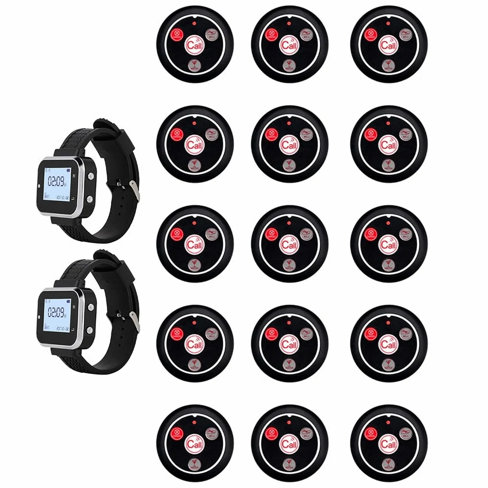 Système D'Appel sans pour Restaurants avec 15 Émetteurs de Boutons D'Appel de Table. Service de Serveur Efficace, Buzzer avec Longue Portée et Prise EU.