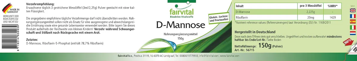fairvital D-mannose 150 g de poudre, avec de la vitamine B2 (riboflavine), 100% pur et 100% végétalien, hautement dosé, qualité contrôlée, fabriqué en Allemagne