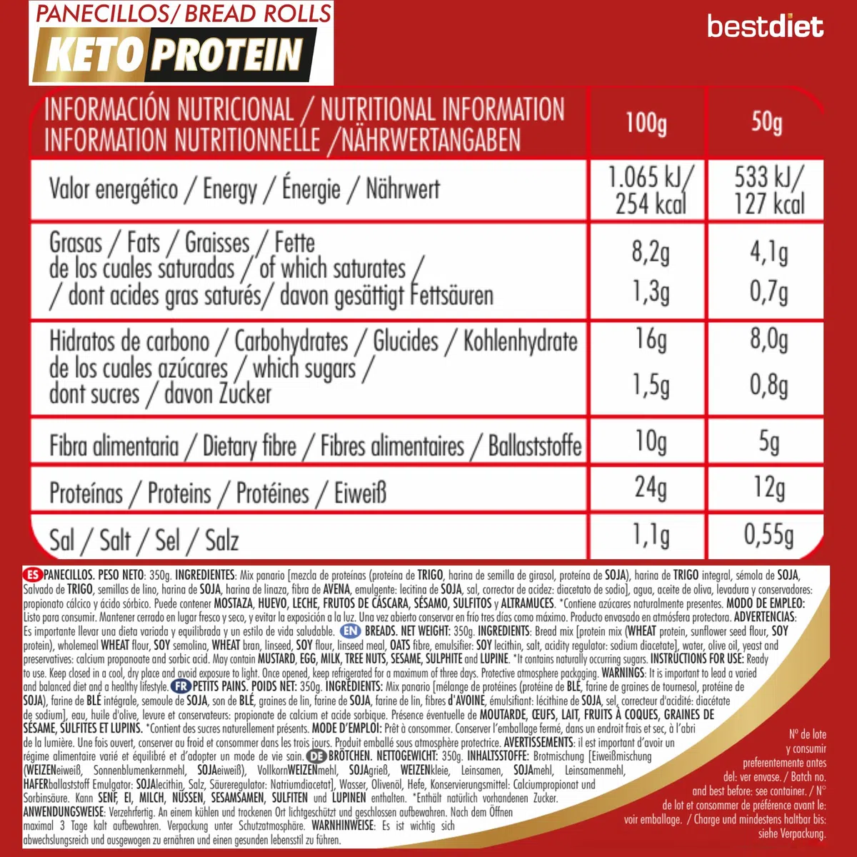 Keto Protein Bestdiet - Panecillos Proteicos Keto, Bajos en Azúcar, Alto en Fibra y Proteínas, Saciantes y Quemagrasas, con Trigo, Avena, Soja. (Pack de 3 paquetes de 350 g)