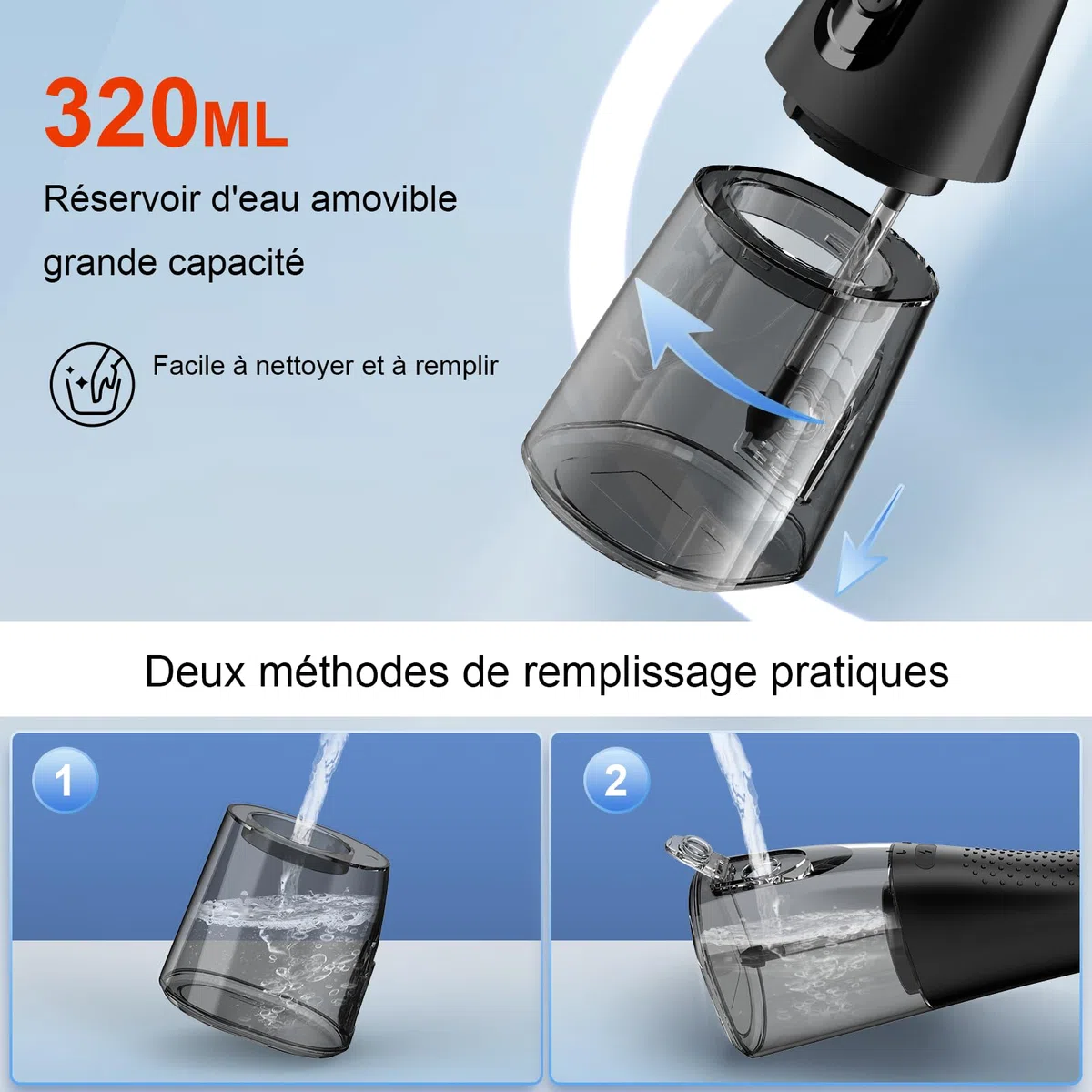 Hydropulseur Jet Dentaire, 320ML Réservoir Amovible, Étanche IPX7 Irrigateur Oral, 4 Modes de Nettoyage, 5 Buses Portable Water Flosser, Irrigateur Dentaire pour la Maison et Les Voyages, Noir