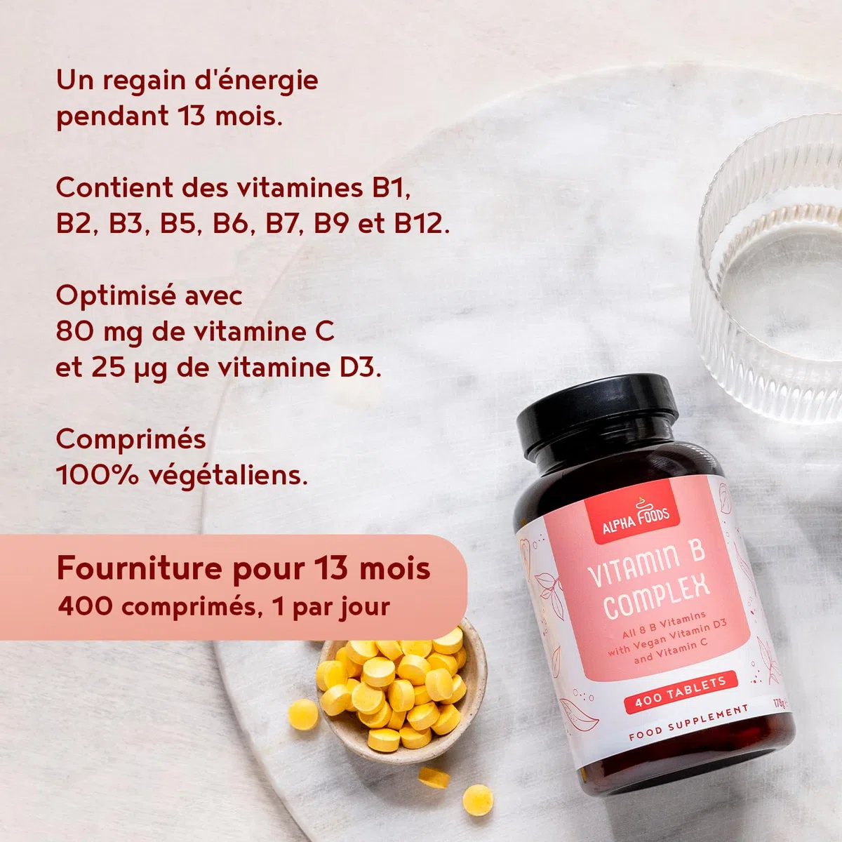 Vitamine B Complex | 400 Comprimés Végétaliens (+ 1 An) | 8 B Vitamines (B1, B2, B3, B5, B6, B12, Biotine, Acide Folique) avec Vit C & D3 | Énergie, Métabolisme & Système Nerveux (EFSA) | Alpha Foods