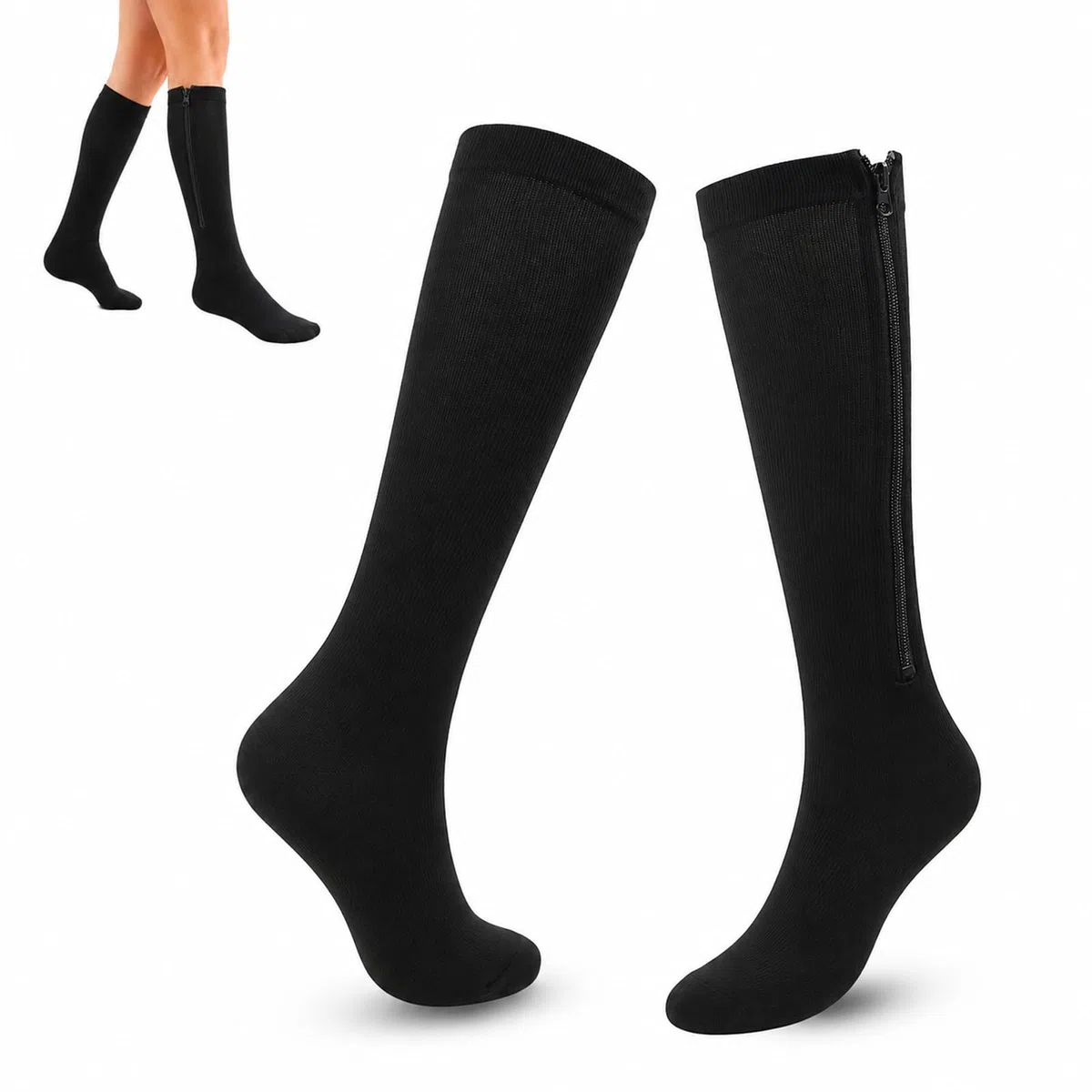 Bas De Contention Zippés - Assiva, Chaussettes De Compression Graduée 15-20 Mmhg, Fermeture Éclair Facile À Enfiler, Confort Toute La Journée, Anti-Fatigue Jambes