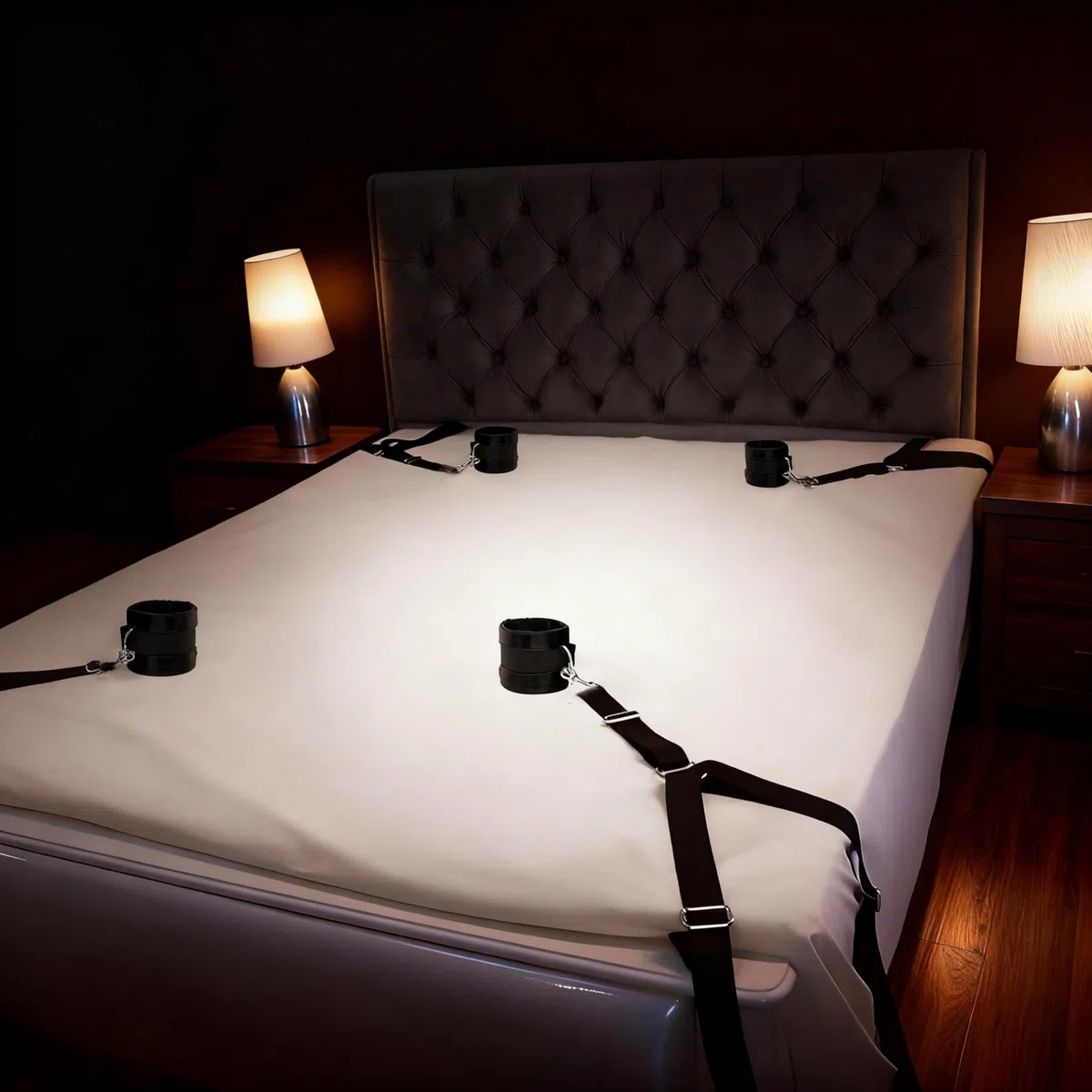 Ensemble FOPS Bondage pour lit Système d'attache réglable pour matelas jusqu'à 200x220cm incluant fouet en cuir de 70cm menottes entraves pour pieds bandeau en cuir & masque en satin Ensemble BDSM