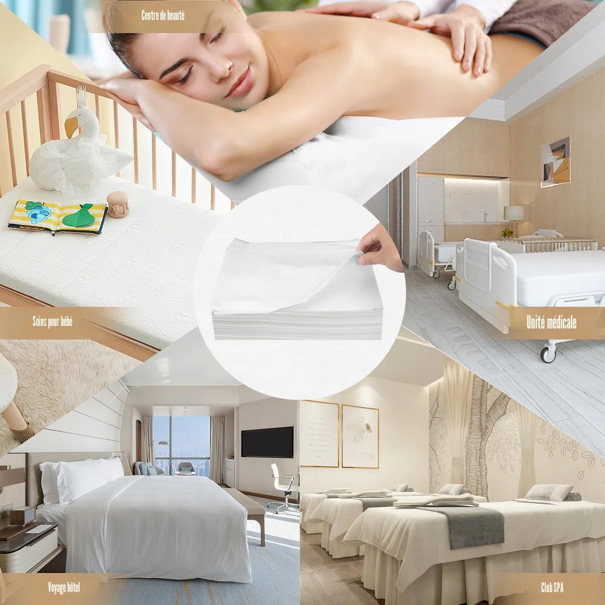 Lot de 100 nappes jetables avec trou pour le visage, pour massage en institut de beauté, spa, table de massage, table de lit, drap de protection avec trou