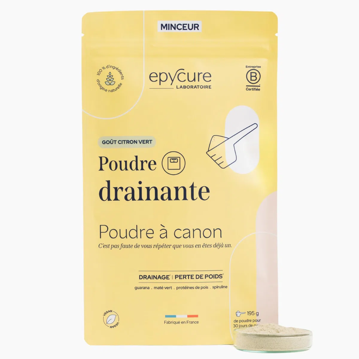 EPYCURE - Poudre Drainante - Détox, Contrôle du Poids, Coupe-Faim Naturel - 100% Naturel - Guarana, Maté Vert, Spiruline - 1 Mois - Sans Lactose, Sans Gluten - Fabriqué en France