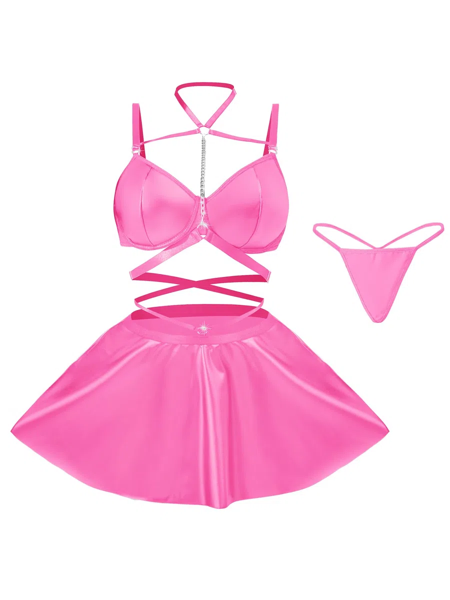 EVELIFE Ensemble de robes sexy en cuir pour femme, dos nu avec chaîne en métal, soutien-gorge push-up, effet mouillé, sous-vêtements courbés, élégants, en cuir synthétique, pour fête, rave, club, mini