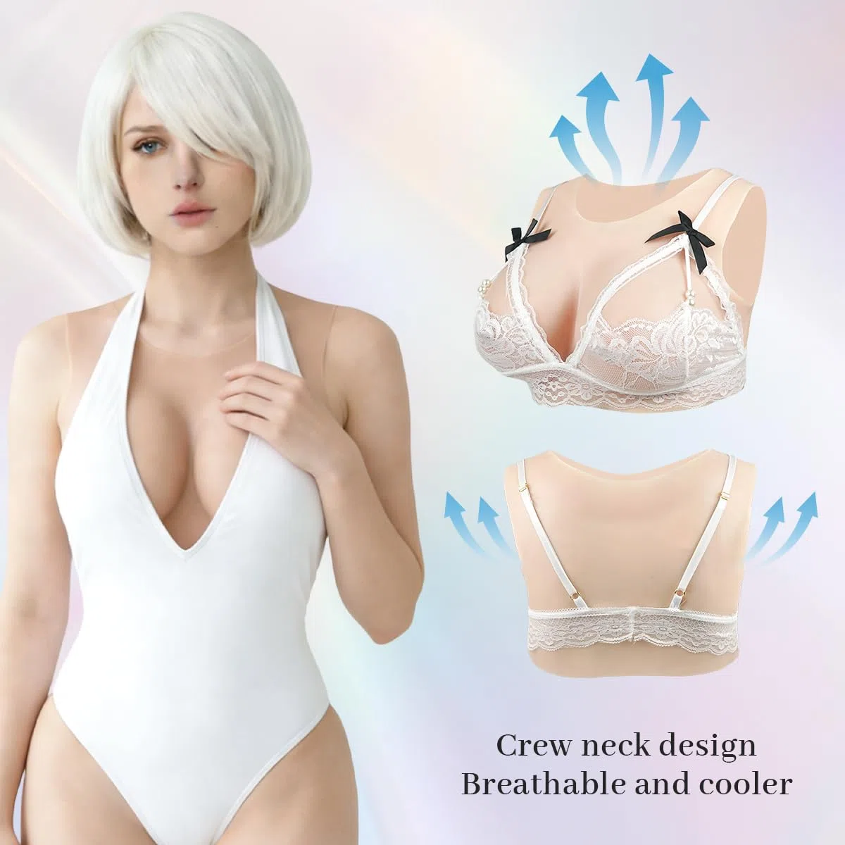 Minaky Faux Seins Silicone Col Rond Fournitures Mastectomie Silicone Réalistes pour Crossdresser Transgender Drag Queen