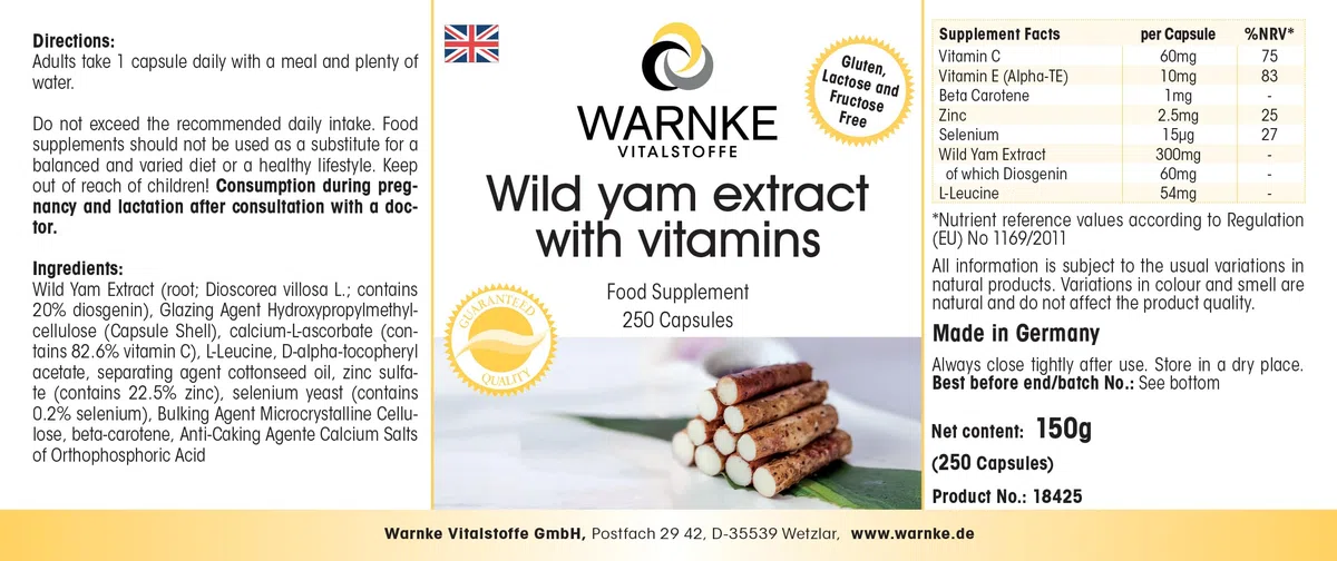 Igname Sauvage - Extrait - 250 gélules- Végétarien - 20% de diosgénine, vitamine C et E bêta-carotine, zinc et sélénium | Warnke Vitalstoffe - Qualité des pharmacies allemandes