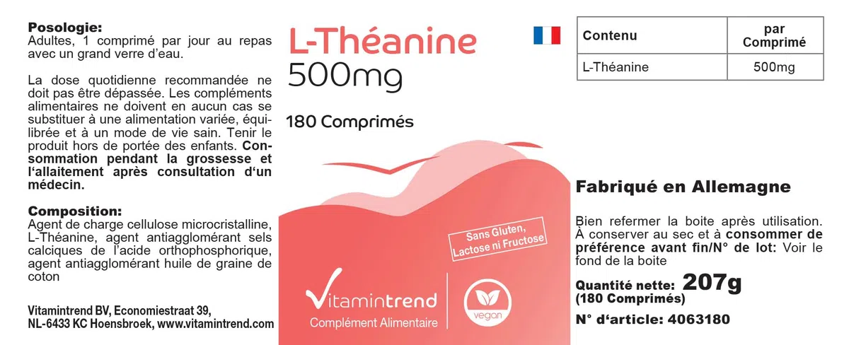 Vitamintrend L-Théanine haute dose 500 mg, 180 comprimés, acide aminé, complément alimentaire végan sans additifs, fabriqué en Allemagne
