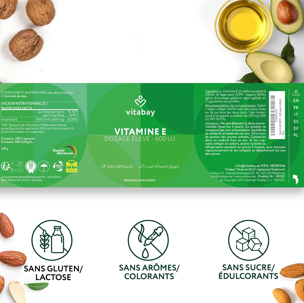 Vitabay Vitamine E 600 IE Depot - 200 softgels végétaliens - D-alpha tocophérol naturel - haut dosage - protection cellulaire contre le stress oxydatif - testé en laboratoire - 12 mois