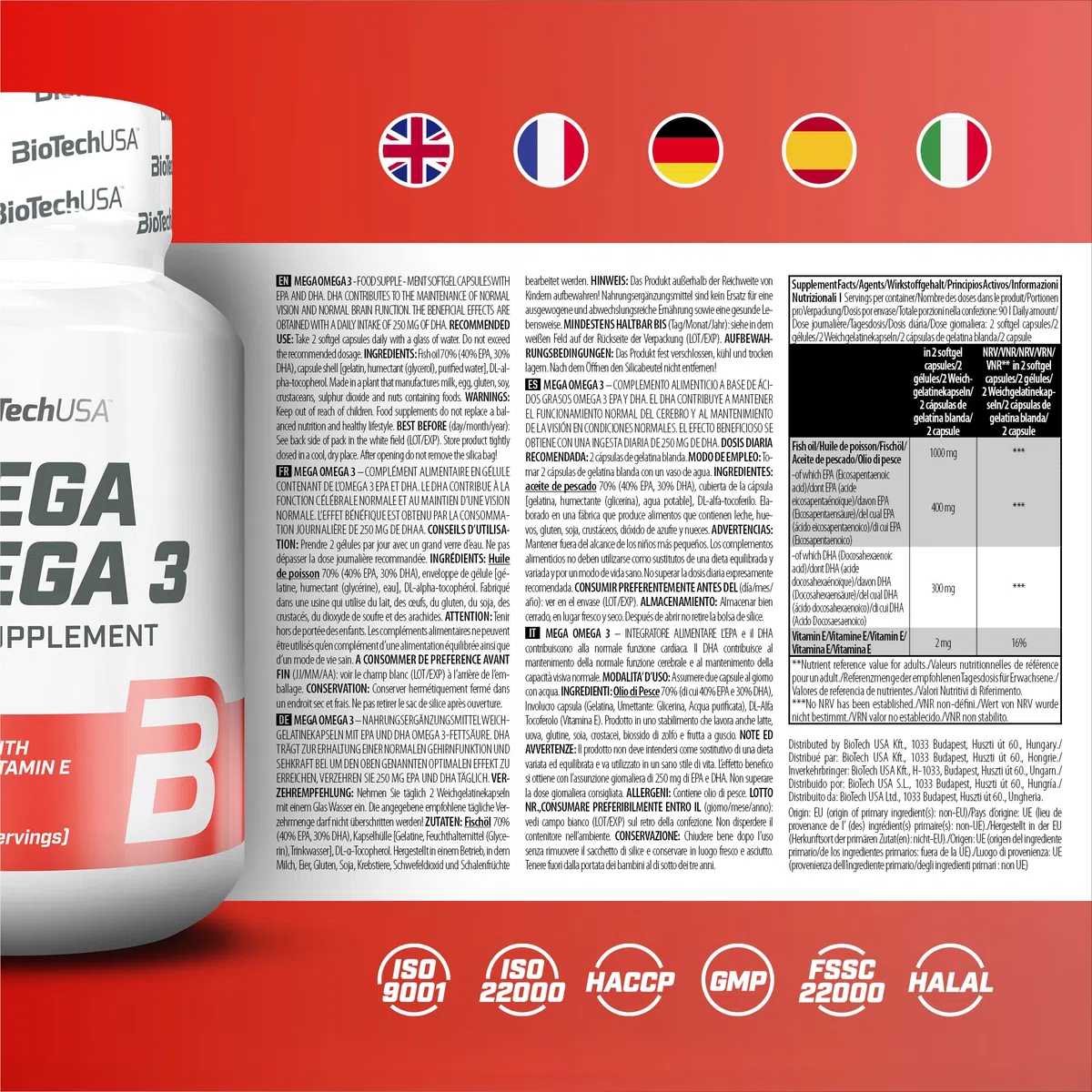 BioTechUSA Mega Omega 3 Softgel Capsules | 70% EPA et DHA | Santé normale du cerveau et du cœur | Vitamine E ajoutée, 90 capsules