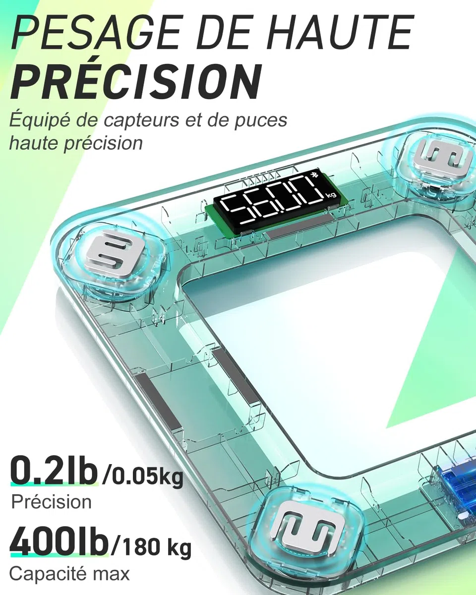 Insmart Balance Pese Personne, Balance Connectée avec apps, Pese Personnes mesure de la balance 16 données corporelles (IMC/graisse corporelle/BMR/muscle, etc.), affichage LED, très précis