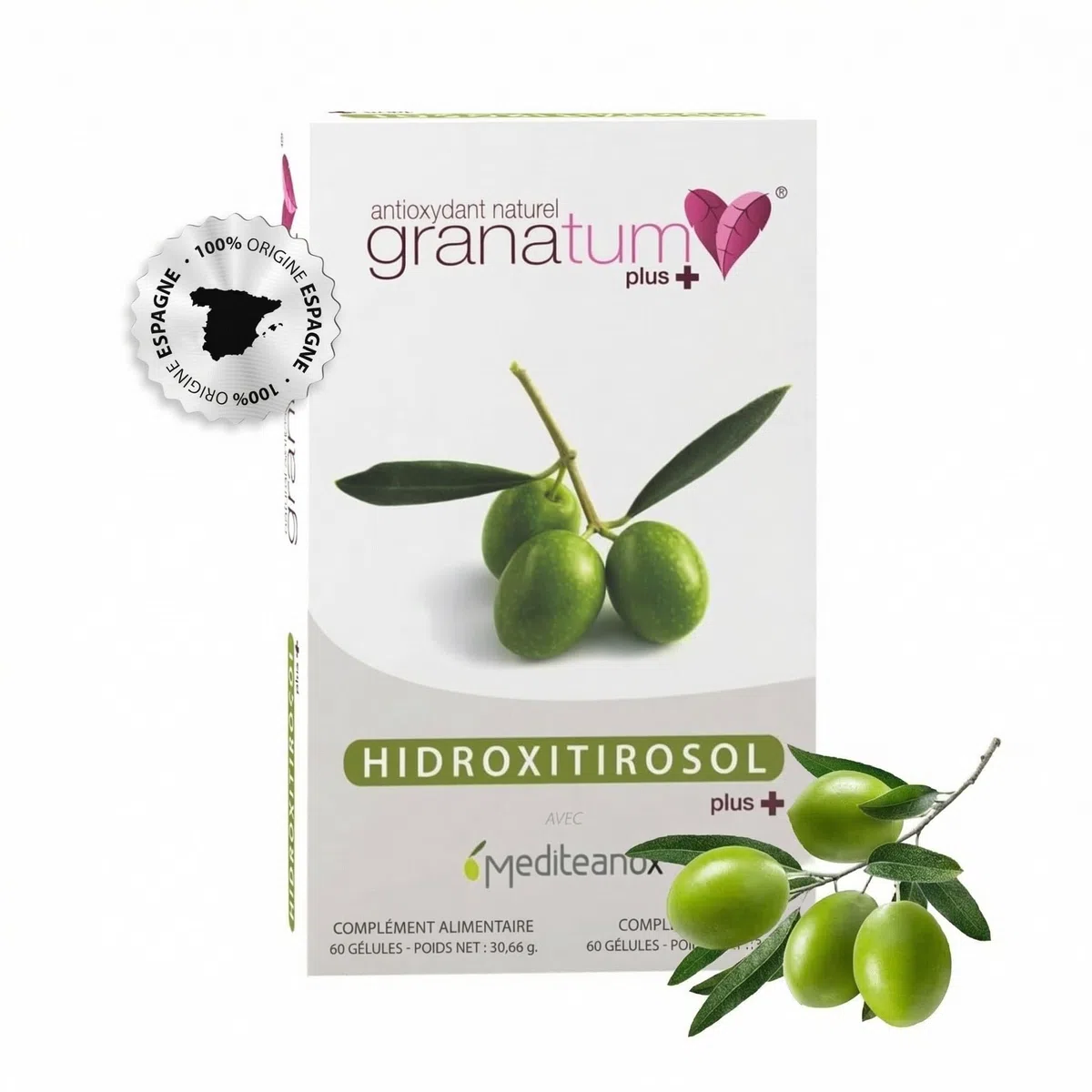 Granatum Plus | Extrait de Olive | Extrait de feuille d'olivier | Extrait de feuilles d'olivier | Hydroxytyrosol Plus | Complément alimentaire | Polyphénols naturels | (1 Boîte de 60 Gélules)