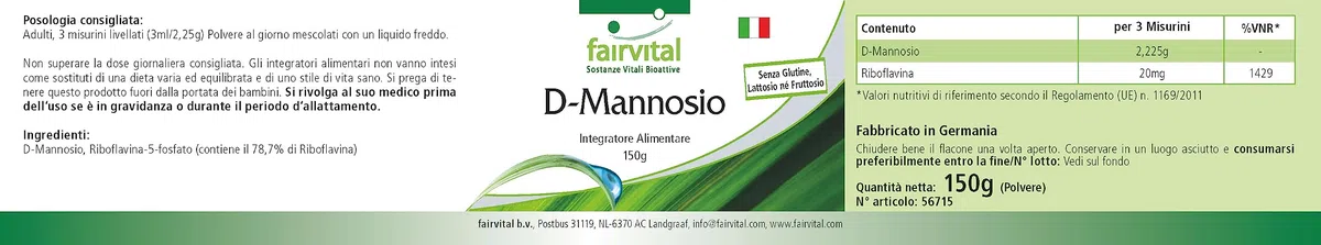 fairvital D-mannose 150 g de poudre, avec de la vitamine B2 (riboflavine), 100% pur et 100% végétalien, hautement dosé, qualité contrôlée, fabriqué en Allemagne