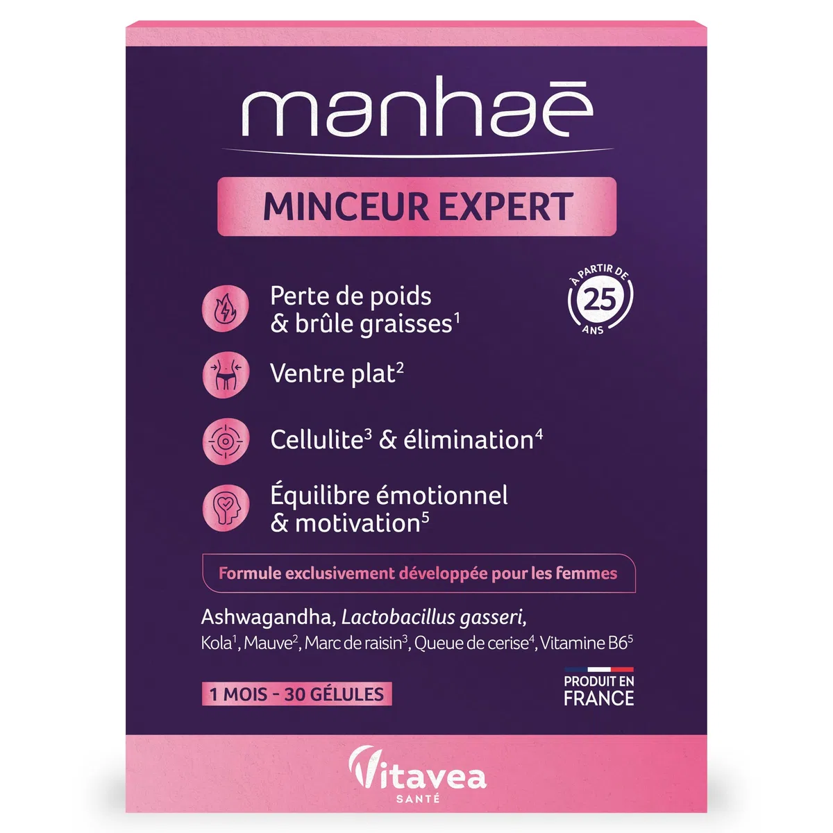 Vitavea - Manhaé - Minceur Expert - Complément Alimentaire Minceur - Perte de Poids, Brûle Graisse, Ventre Plat, Eliminination, Cellulite - Lactobacillus Gasseri, Queue de Cerise -1 Mois - 30 Gélules