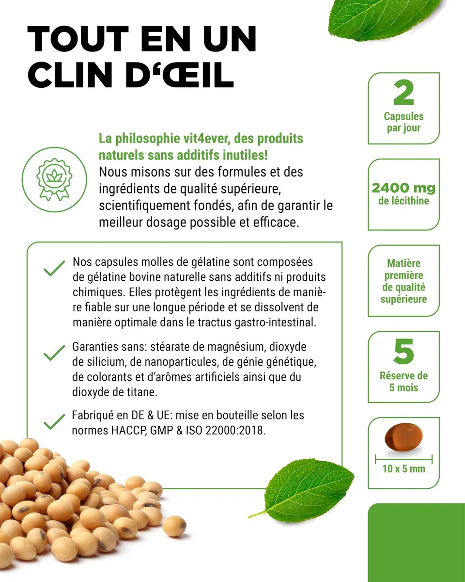 Lécithine 1200 mg - 300 Softgels - Premium : avec Phosphatides - Lécithine de Soja sans OGM - Haute Dose - Qualité Premium
