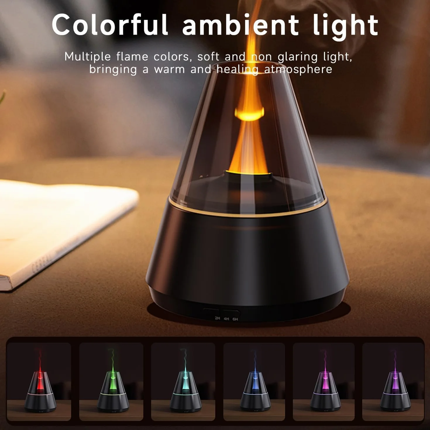 QUMOX Diffuseur d'arômes A9 Flame 150 ml – Humidificateur d'huiles essentielles avec simulation de flamme et lumière ambiante changeante de couleur, minuterie 2 h/4 h/6 h, arrêt automatique, brume fra