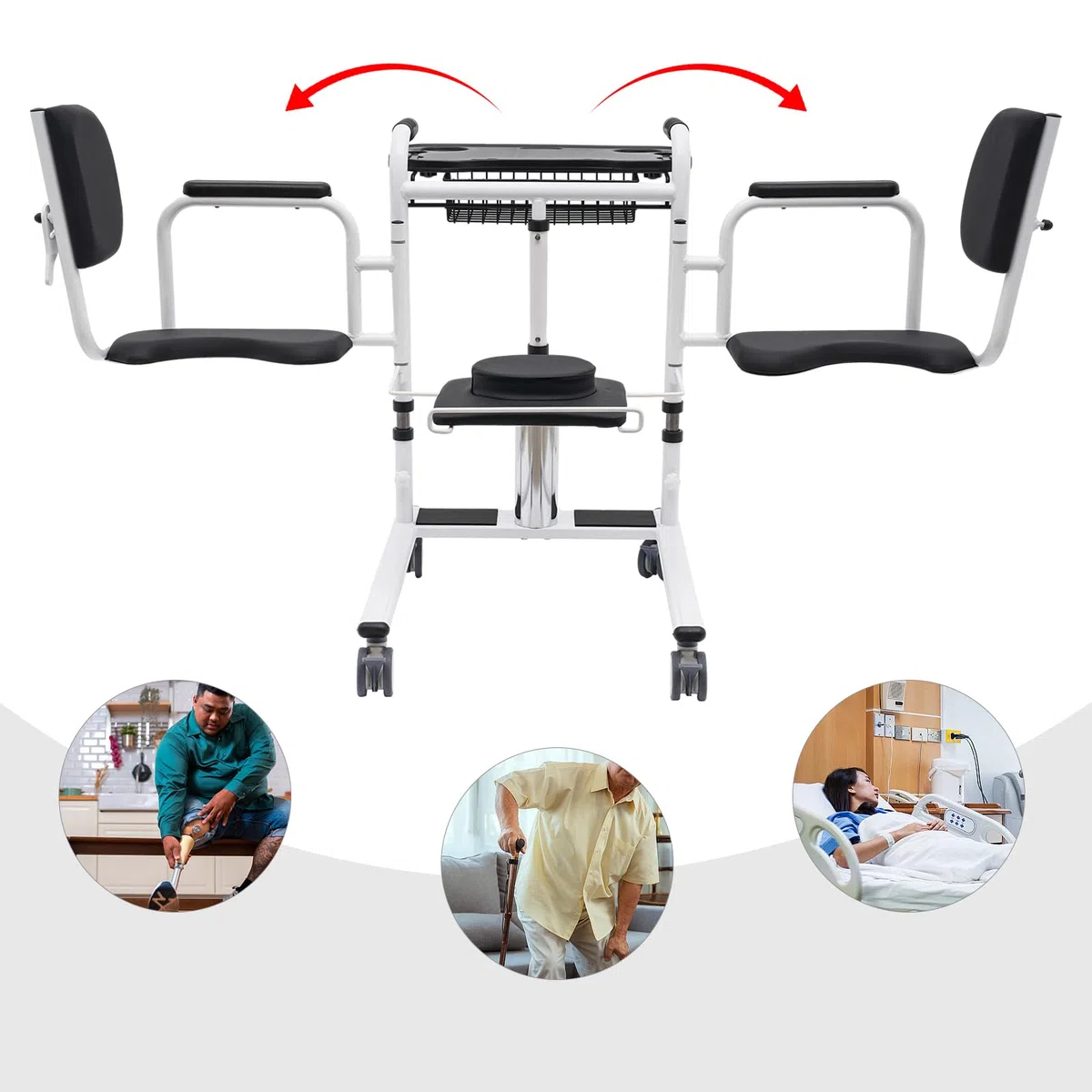 Patientenlifter Chaise de transfert pour patients - Chaise de salle de bain - Fauteuil roulant réglable en hauteur - Pour toilettes et salle de bain