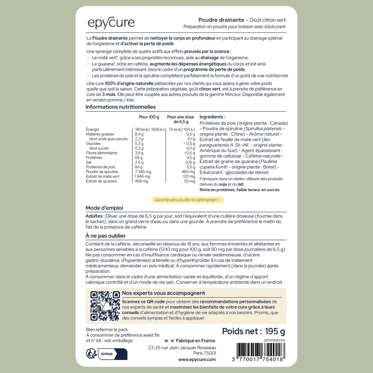 EPYCURE - Poudre Drainante - Détox, Contrôle du Poids, Coupe-Faim Naturel - 100% Naturel - Guarana, Maté Vert, Spiruline - 1 Mois - Sans Lactose, Sans Gluten - Fabriqué en France