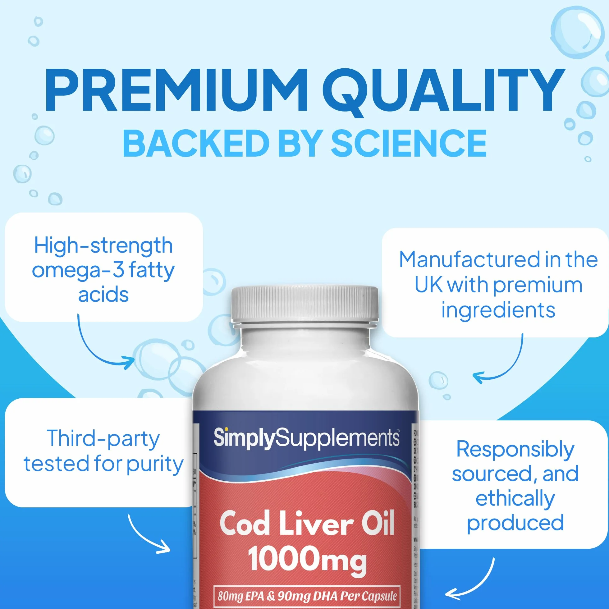 Huile de Foie de Morue 1000mg - 180 Gélules - 2 mois de bienfaits - SimplySupplements.