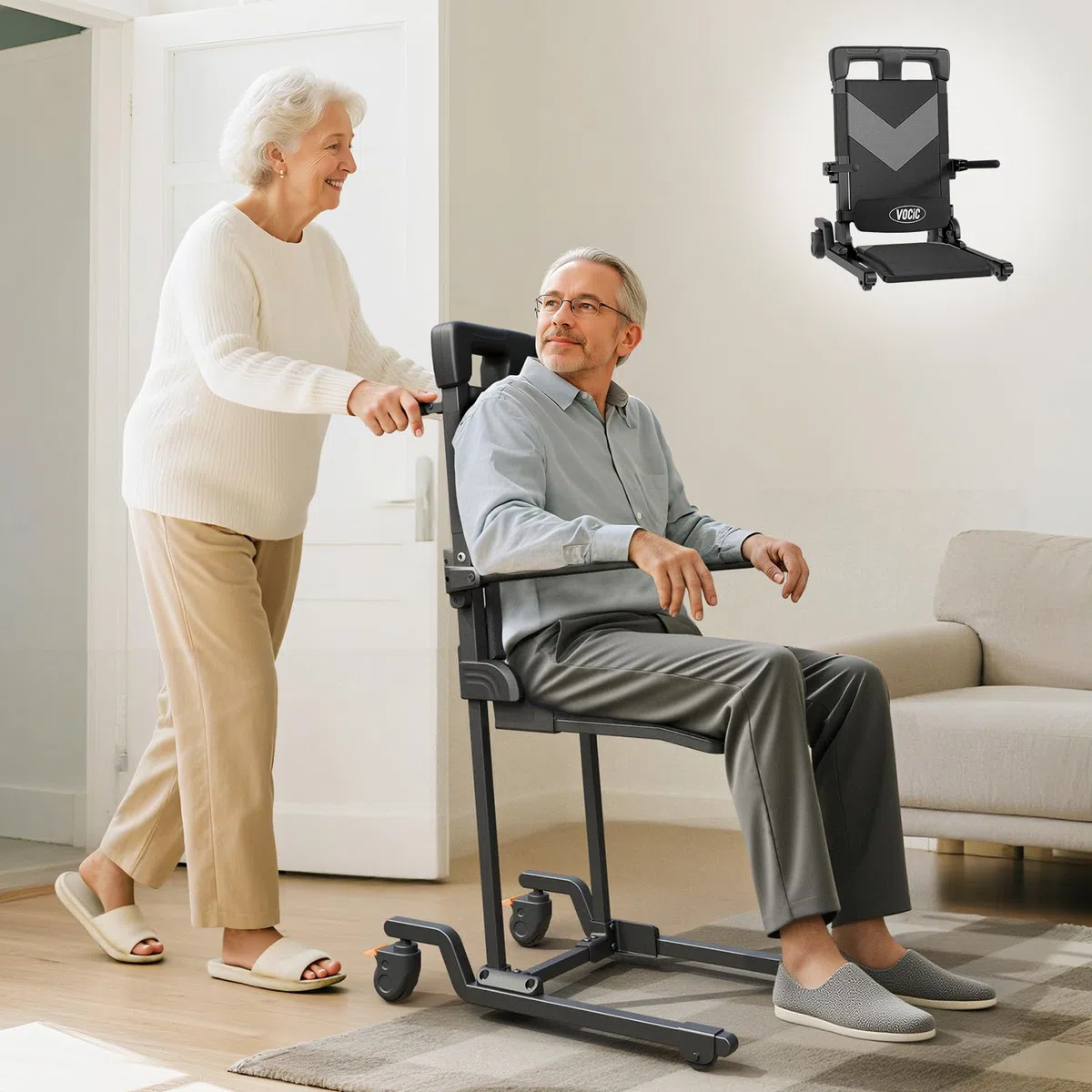VOCIC AX35 Aide au relevage avec Transfert, roulettes et Freins | Senior domicile, aide après chute, lève-personne transfert, lit canapé fauteuil roulant, 4 roues avec freins compact 160KG