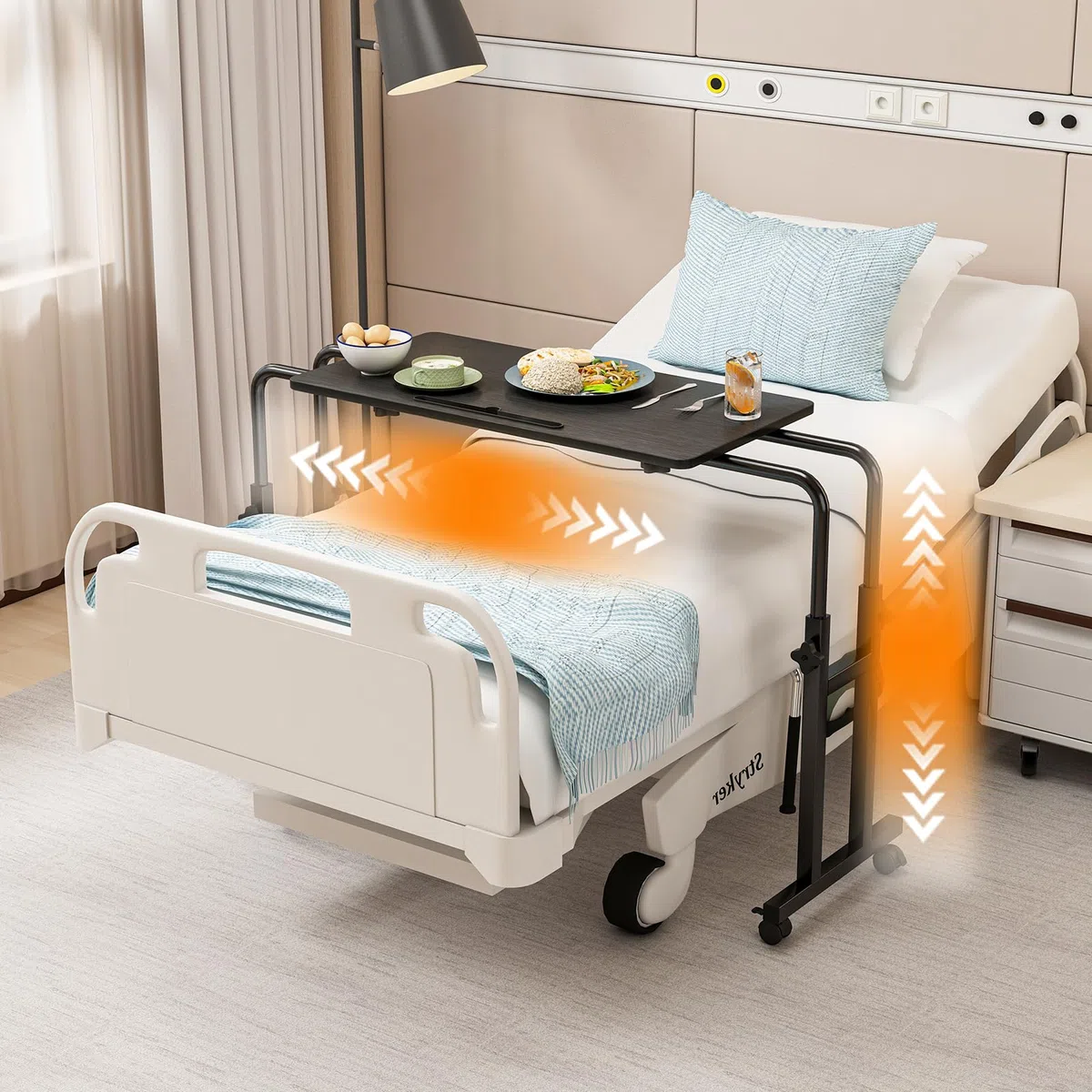 LINGMI Table inclinable, table de lit avec roulettes, hauteur et longueur réglables, plateau de support pour ordinateur portable
