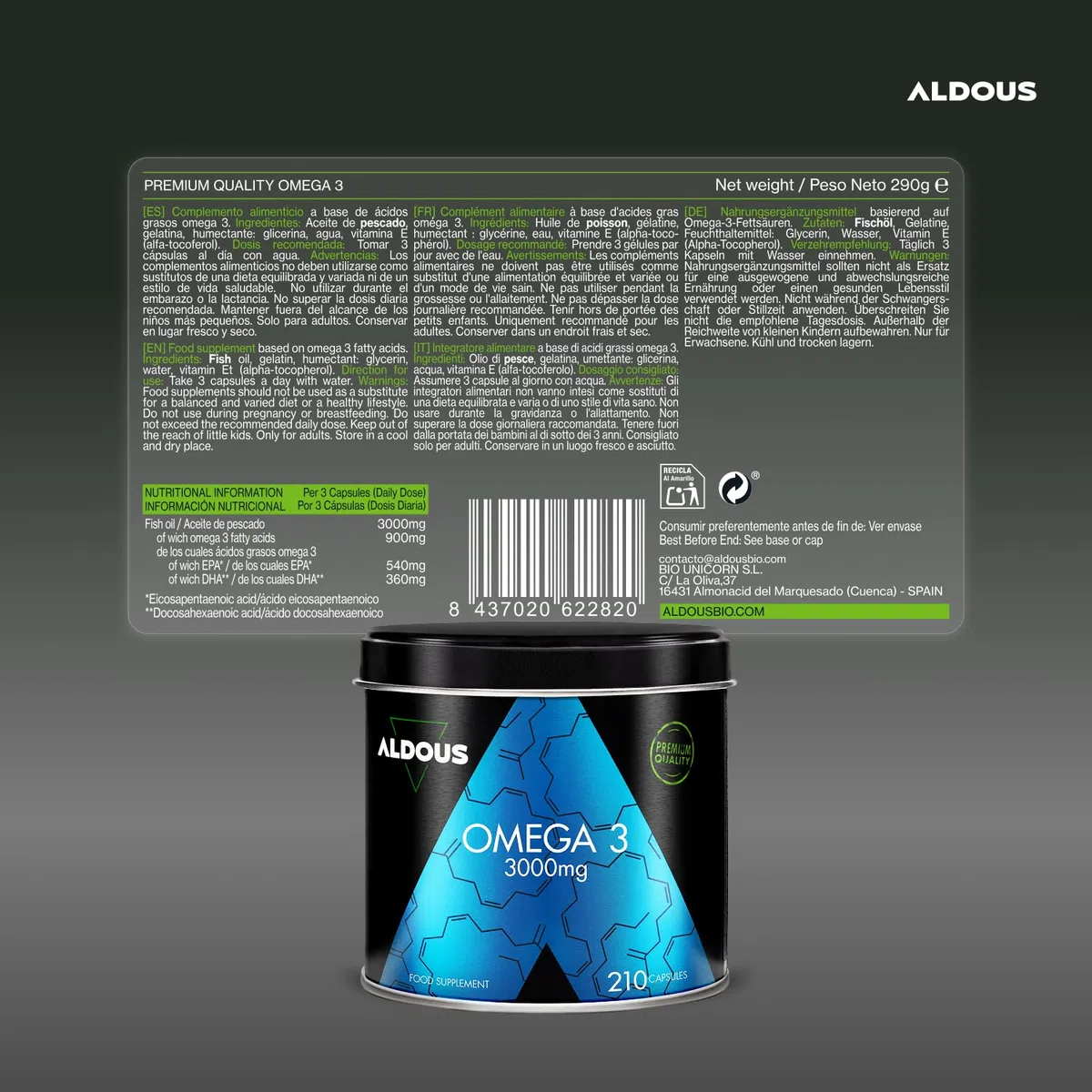 Oméga 3 Dha Epa Huile de Poisson - 3000 mg par jour - 210 Gélules (+2 mois) | Avec Acides Gras EPA et DHA - Haute Concentration - Vitamine E, Acides Gras - Vision et Cerveau - Complement alimentaire