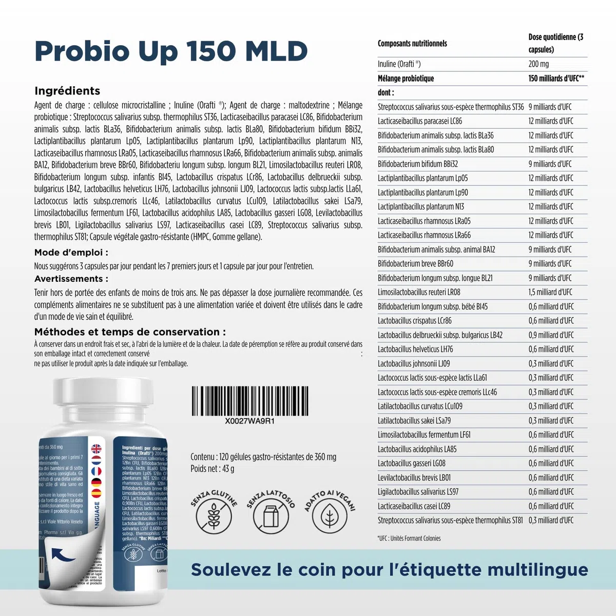 Probiotique flore intestinale - 150 Milliards UFC/Jour - 30 souches bactériennes, 120 Gélules Gastro-résistantes. Probiotiques et prebiotique, lactobacillus gasseri, Bifidobactéries, Inuline. Probio U