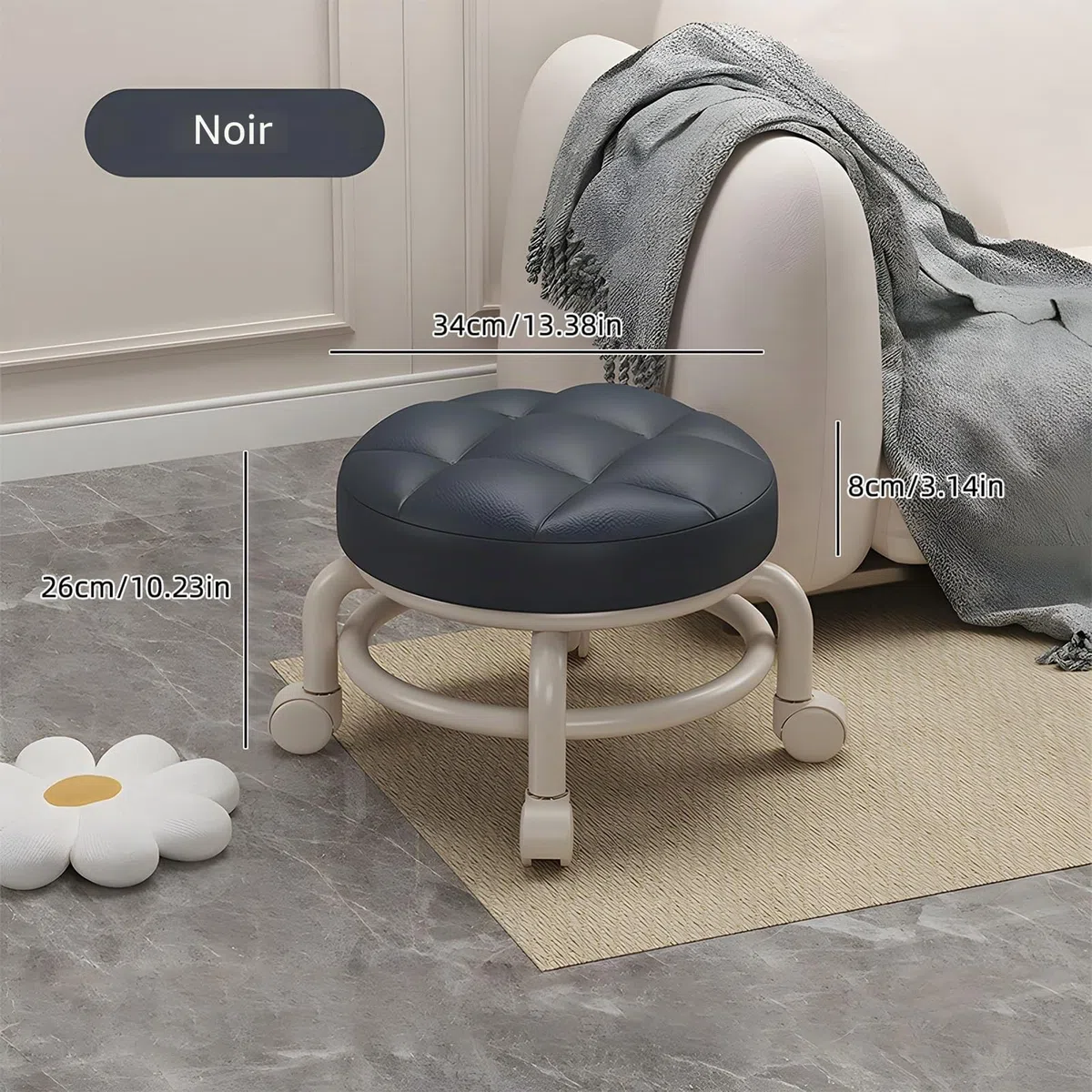 ZJchao Tabourets Bas à roulettes Universels Pivotants à 360° en Cuir, Siège Rond à roulettes, pour la Maison, Le Bureau, Le Garage, L'atelier, Le Fitness (Black)