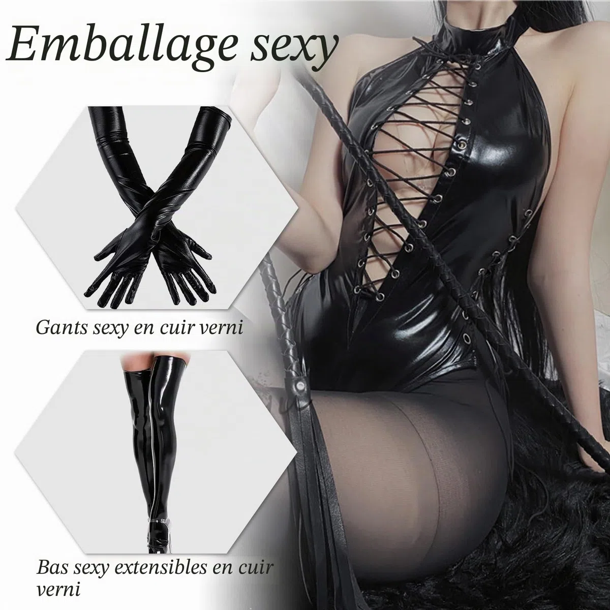 BDSMJOY Lingerie en latex pour femme - Effet mouillé - Ensemble sexy - Avec snocks en latex - Sous-vêtements et gants - Catsuit en latex - Costume sexy pour adulte - Robe de clubwear
