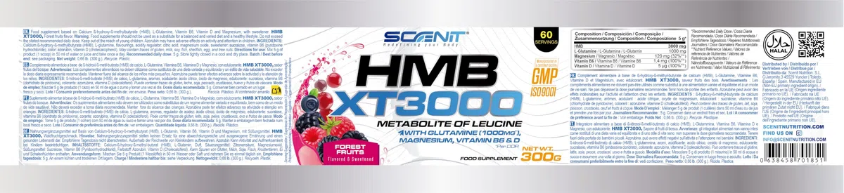 HMB XT 3000-3000 mg de HMB poudre avec saveur - Avec Glutamine, Magnésium, Vitamine B6 et Vitamine D - Saveur fruits des bois (300 g, 60 portions)