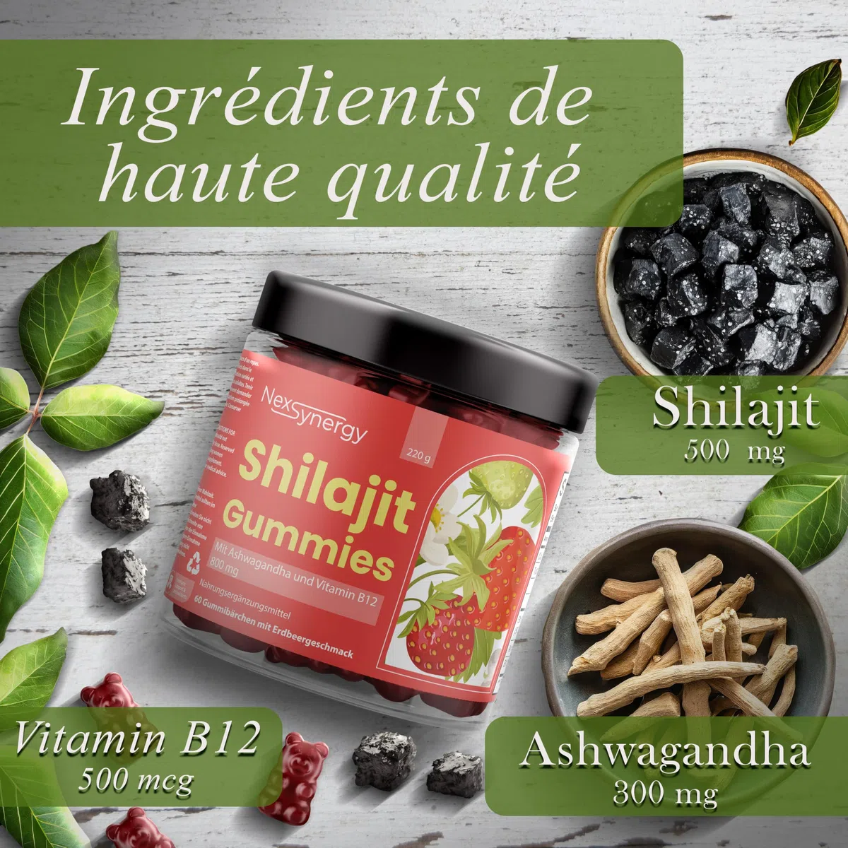 Gummies SHILAJIT avec ASHWAGANDHA et VITAMINE B12 | 800mg par Portion | 60 gommes Saveur Fraise | 50% d'Acide Fulvique | 100% Naturel, Végan et Sans Gluten