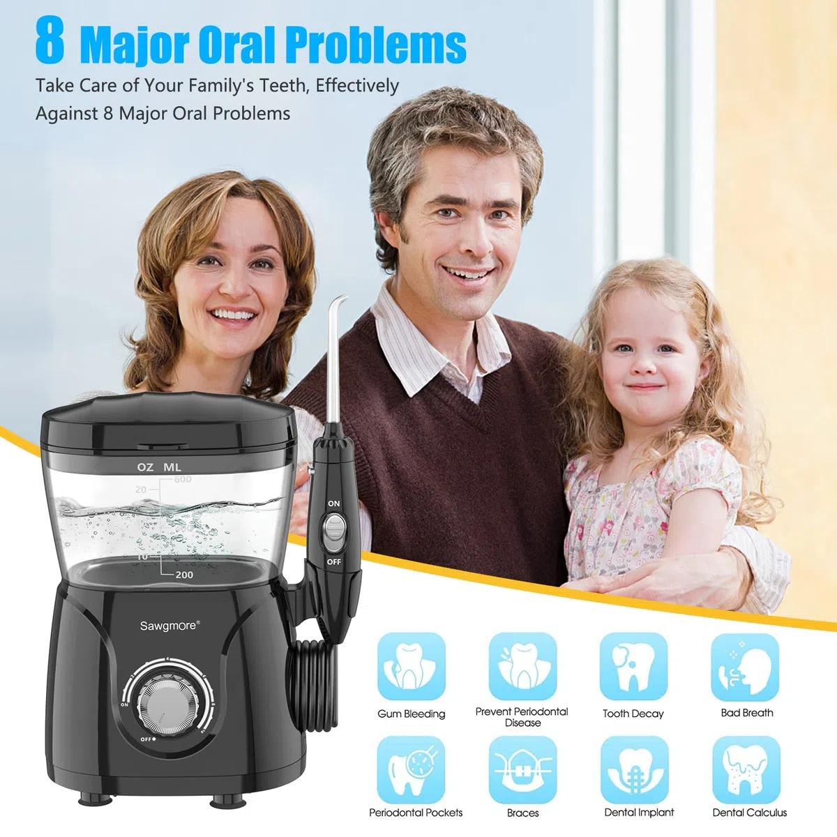 Sawgmore Jet Dentaire Hydropulseur, Hydropulseur Dentaire Professionnel avec 8 Busettes Multifonctionnelles, 10 réglages de pression d'eau, 600ML Irrigateur Dentaire Pour Les soins Familiaux Noir