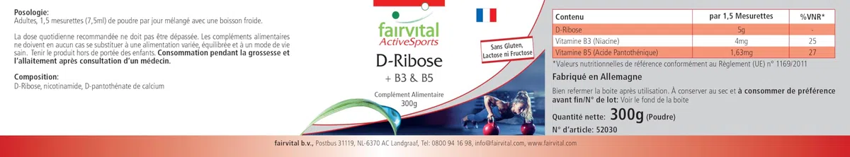fairvital D-ribose en poudre, avec vitamine B3 (niacine) et B5 (acide pantothénique), Active Sports, VÉGÉTALIEN, 300 g