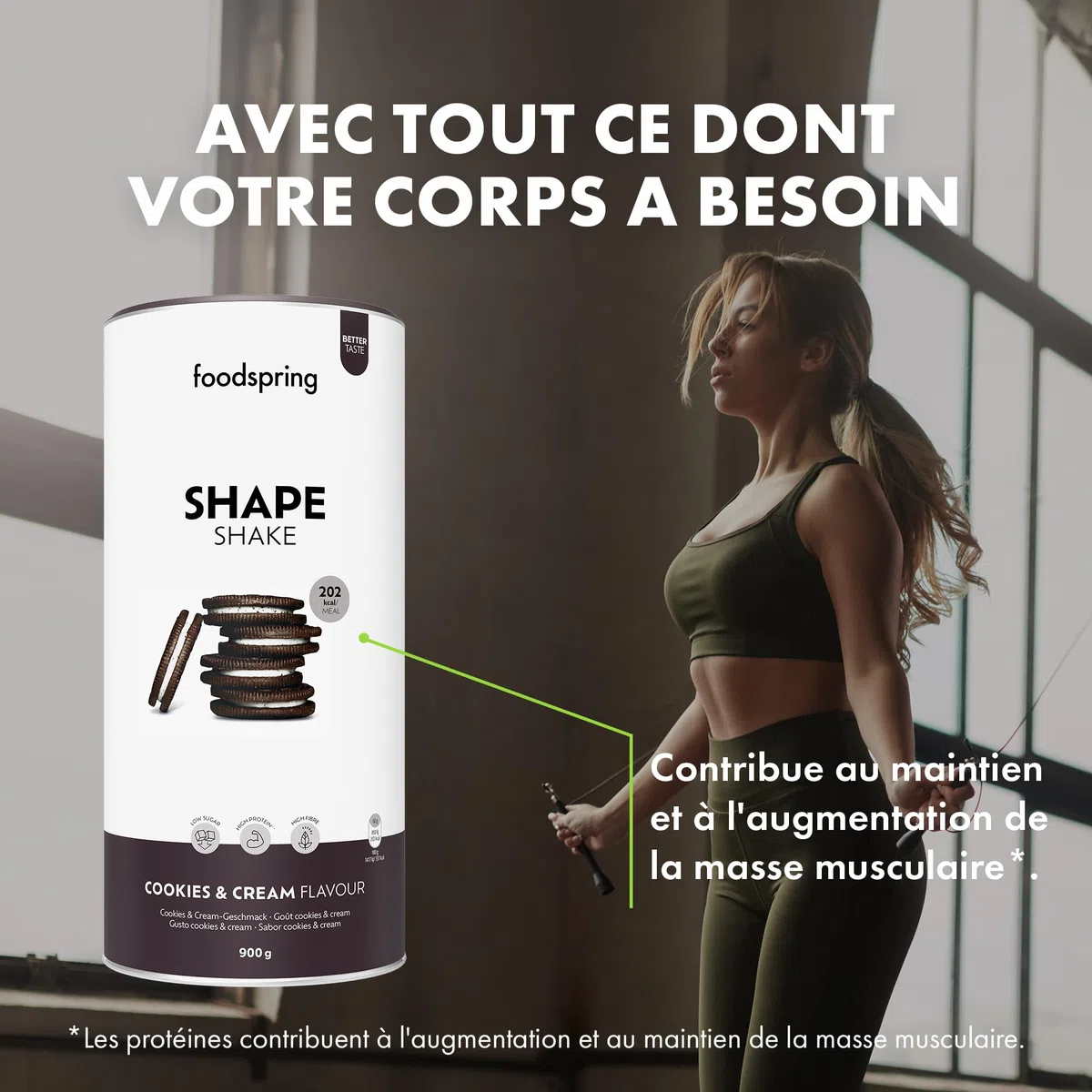 foodspring Shape Shake Cookies & Cream - Substitut de repas complet pour le contrôle du poids avec des protéines de qualité supérieure, 202 kcal par portion, sans gluten - nouvelle recette (900g)