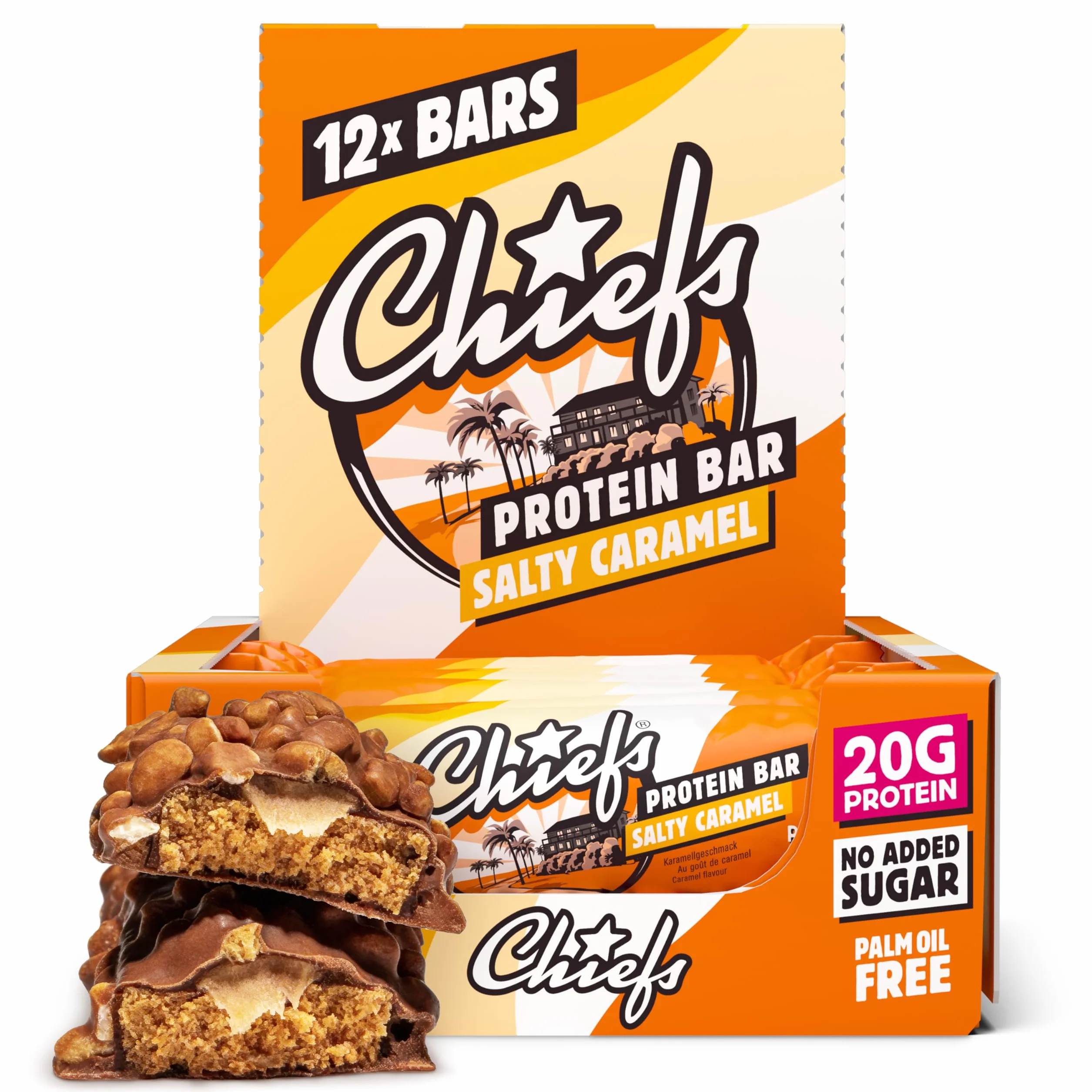 Chiefs Protein Bar (Salty Caramel) • Barre protéinée premium avec 20g de protéines & 214 kcal par barre • Sans sucre ajouté • Barre protéinée low sugar • Goût de Salty Caramel • Pack de 12 (12 x 55g)