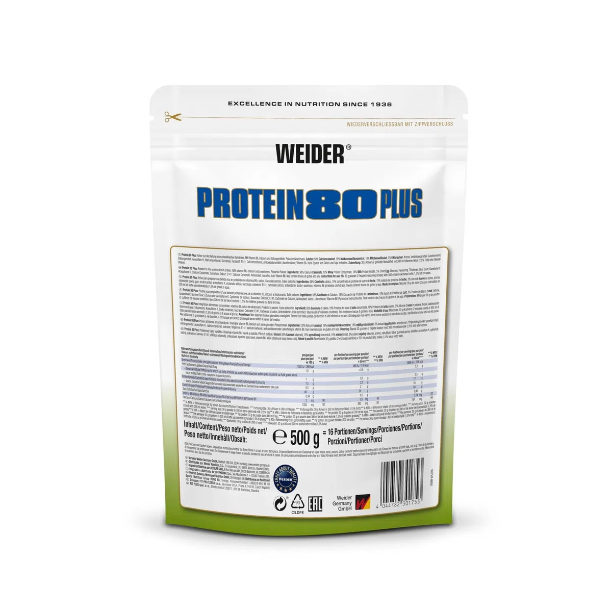 Weider - Protein 80 Plus - Poudre de Protéine à 4 Composants - Teneur Élevée en Protéines avec 80% de Protéines - Shakes Crémeux avec Calcium & Vitamine B6-500g - Pistache