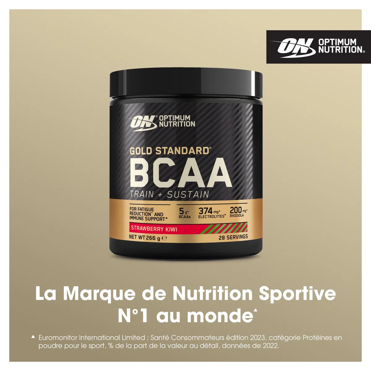 Optimum Nutrition Gold Standard BCAA Train + Sustain, poudre d'acides aminés pré-entraînement, boisson sportive, vitamine C, zinc, magnésium et électrolytes, saveur fraise & kiwi, 28 doses, 266 g