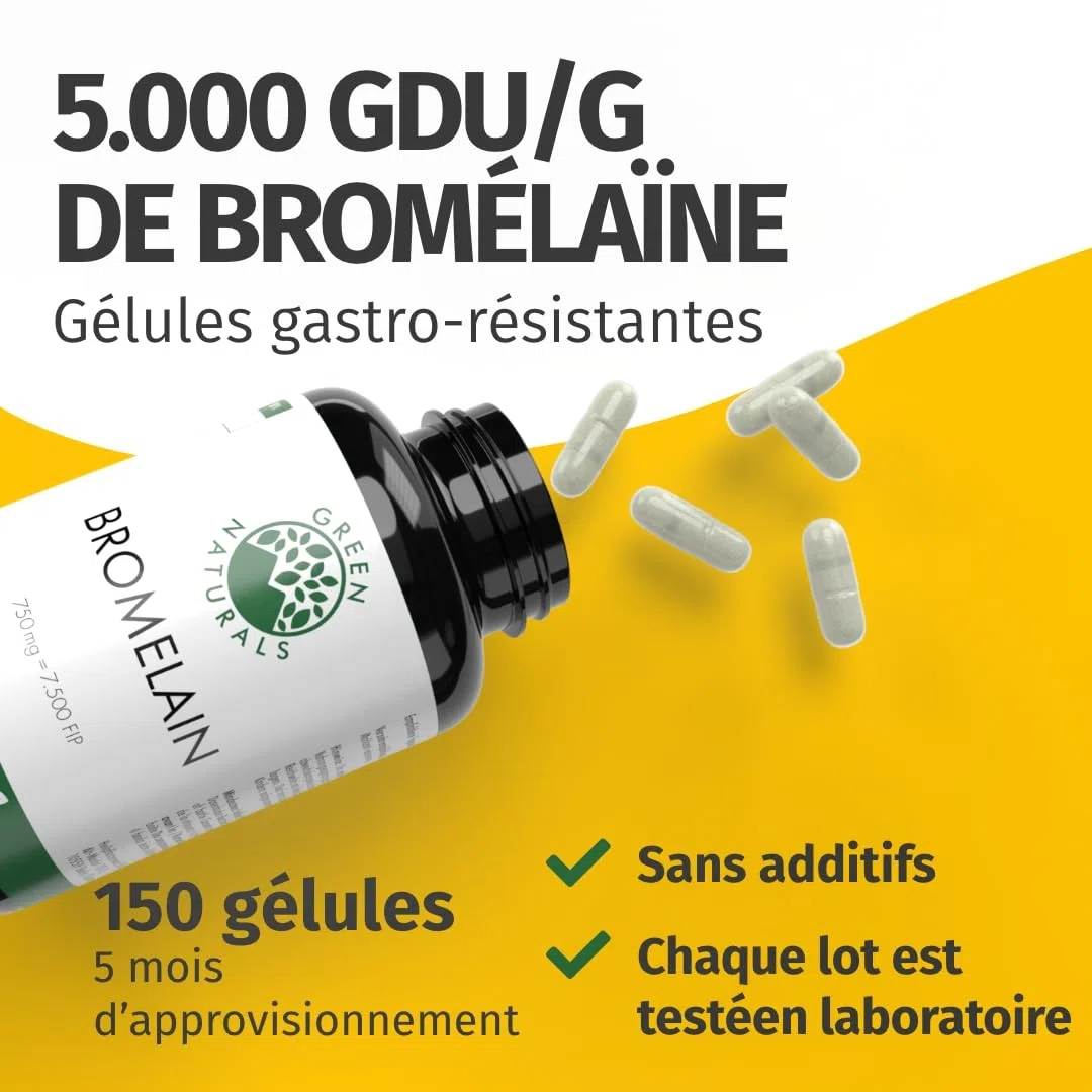 Green Naturals® Bromélaïne – Hautement dosée : 750 mg (5 000 GDU/g) d’extrait naturel d’ananas – Gélules gastro-résistantes (DR Caps) – Vegan & testée en laboratoire – 150 gélules (5 mois)