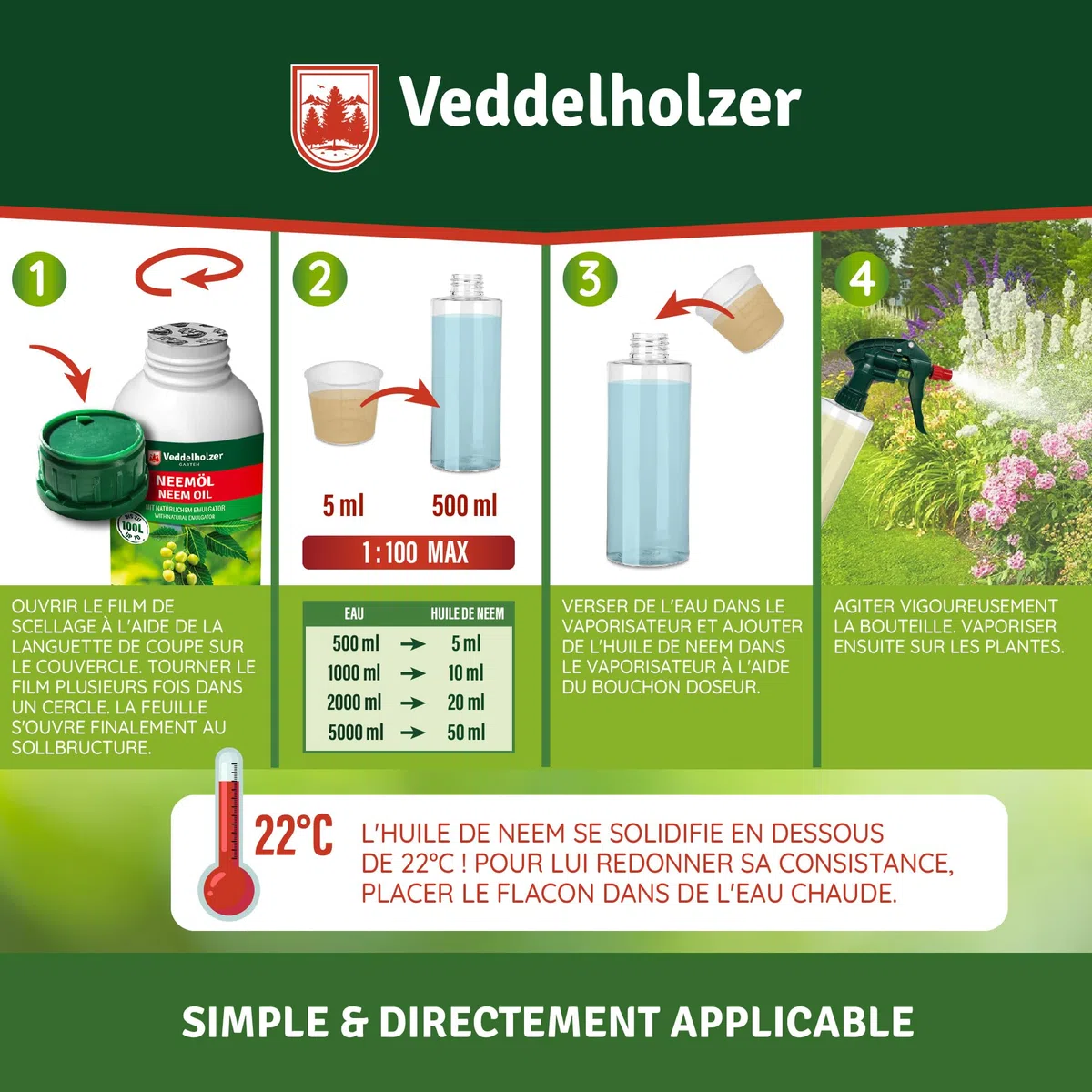 Veddelholzer 1000 ml d'huile de neem de qualité supérieure pressée à froid 100% naturelle, kit complet avec émulsifiant naturel + flacon pulvérisateur de 500 ml et 2 verres doseurs pour l'entretien