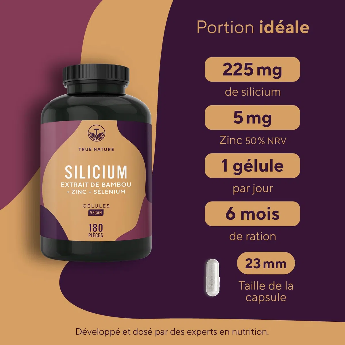 Gélules de Silicium - 180 Gélules pour 6 Mois - Hautement Dosées - Avec Zinc & Sélénium - Silicium Organique Hautement Dosé à partir d’Extrait de Bambou Indien - 643 mg - Végan - TRUE NATURE